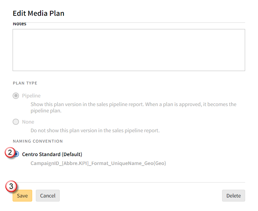 Edit Media Plan page showing the naming convention list.