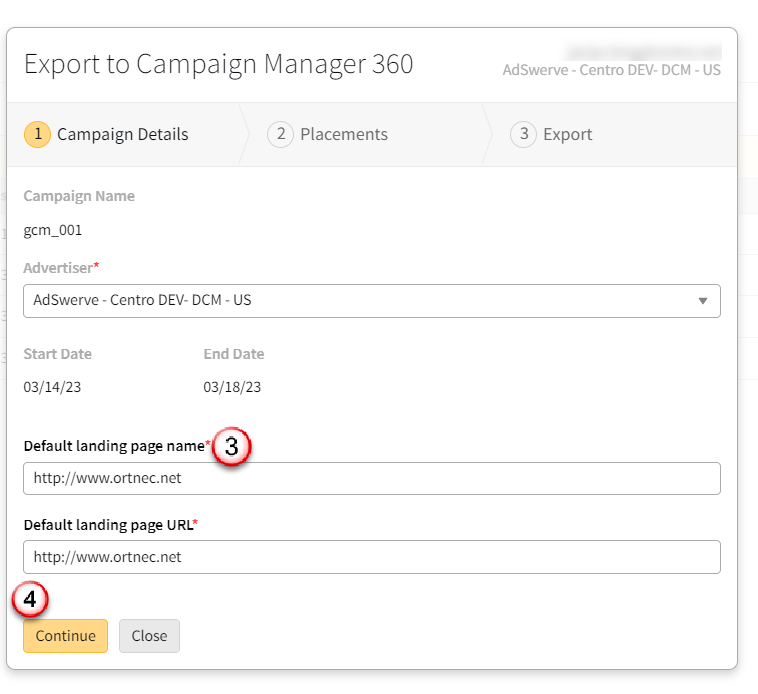 Export to Campaign Manager 360 modal showing the Advertiser, Defult landing page name, and Default landing page URL fields and the Continue button highlighted.