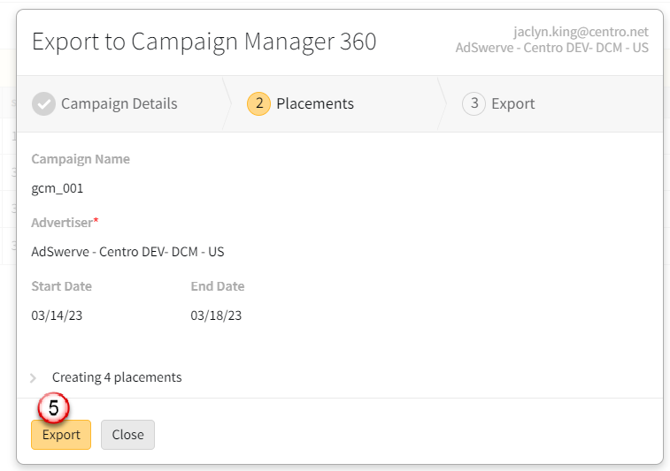 Export to Campaign Manager 360 modal showing the campaign name, advertiser, start date, and end date details and the Export button highlighted.