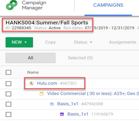 Campaigns tag in Google Campaign Manager ith the Campaign details and placements highlighted.