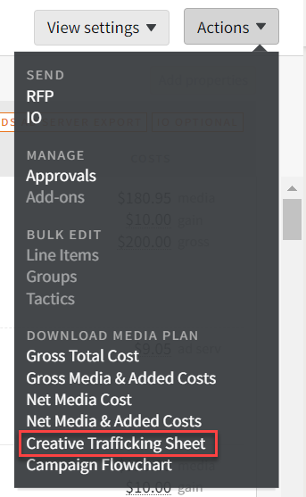 Media Plan Actions menu open with the Creative Trafficking Sheet option in the Download Media Plan section highlighted.