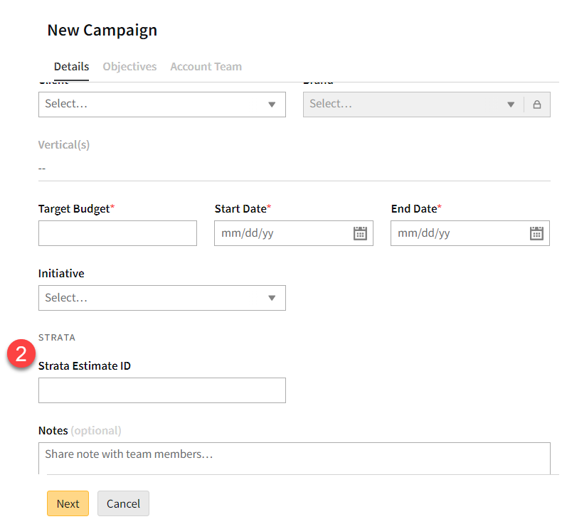 Basis New Campaign window with the Details tab selected and the Strata Estimate ID field highlghted.