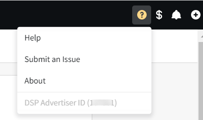 Basis Help menu showing the  DSP Advertiser ID under the section with Help, Submit and Issue, and About options.