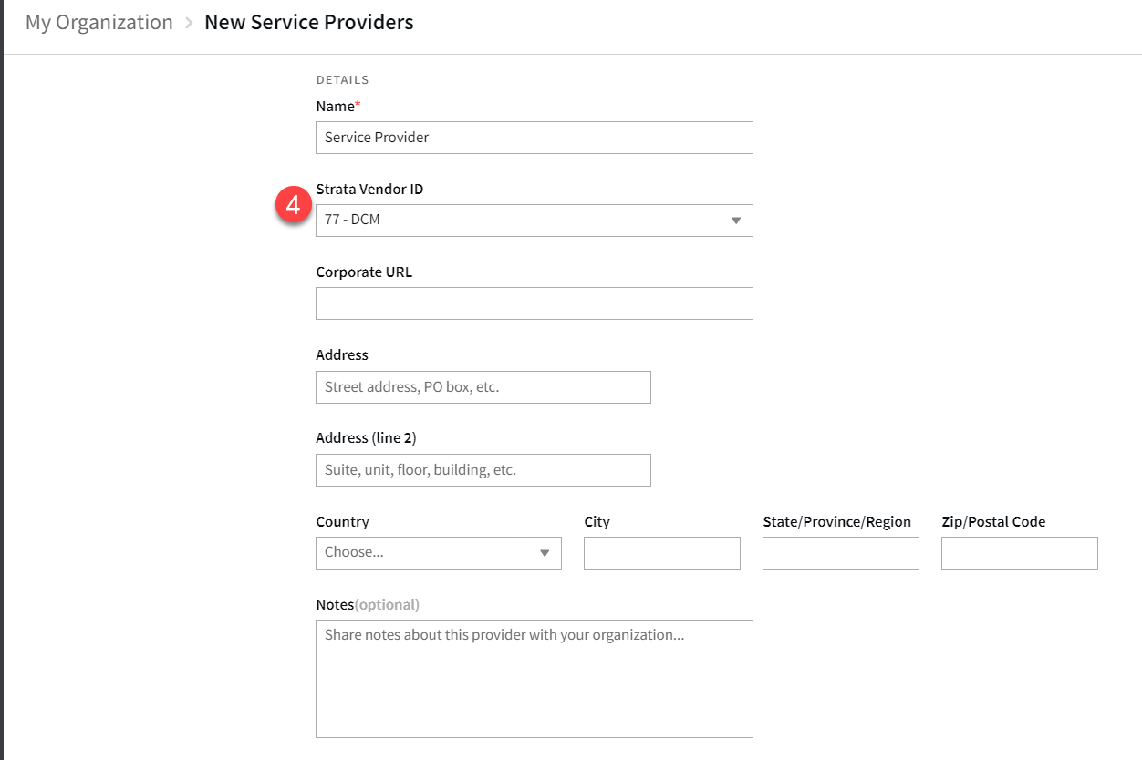 New Service Providers modal showing Name, Strata Vendor ID, Corporate URL, Address and Address line 2, Country, City, State/Province/Region, Zip/Postal Code and Notes fields.