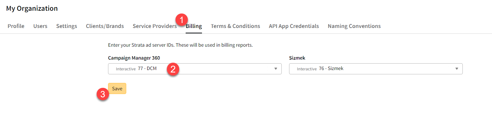 Billing tab in My Organization showing the Campaign Manager 360 and Sizmek fields.