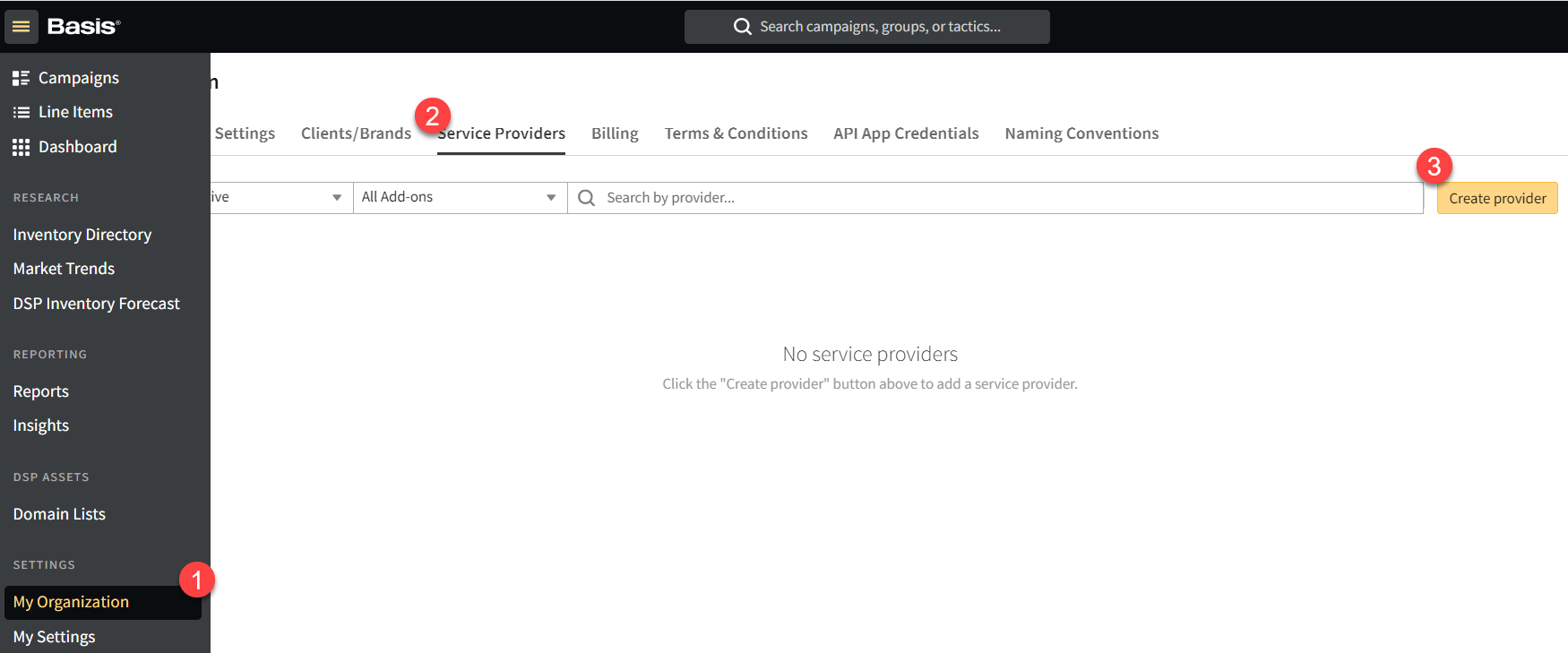Service Providers tab in My Organization with the Create provider button highlighted.