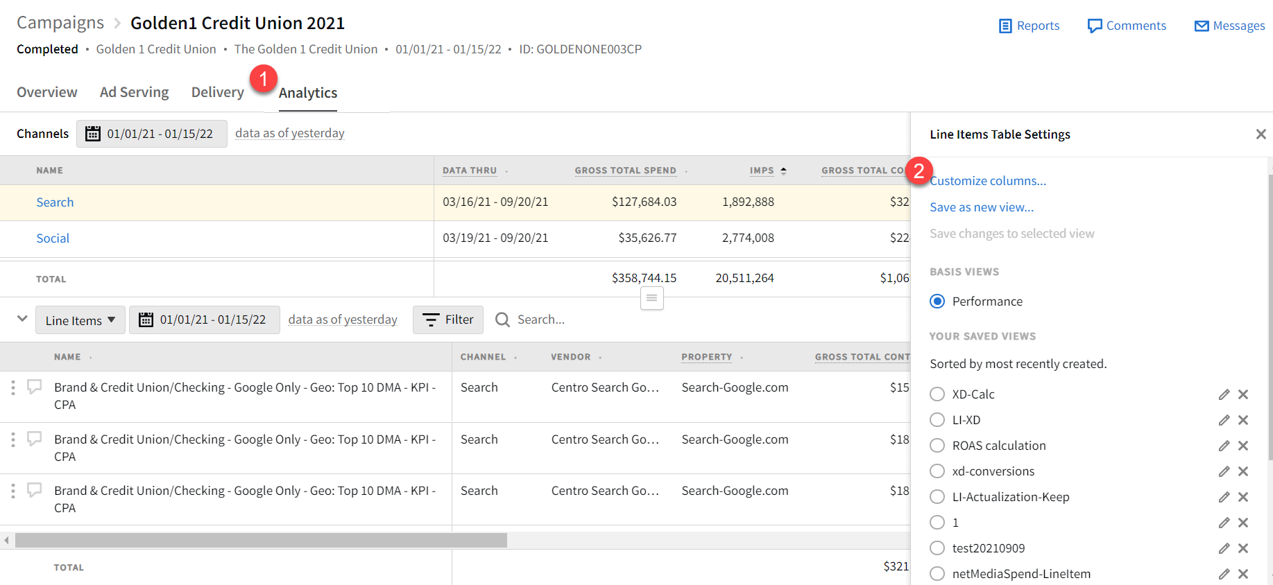 Example campaign Analytics tab Line Items Table settings menu with the Customize Columns link highlghted.