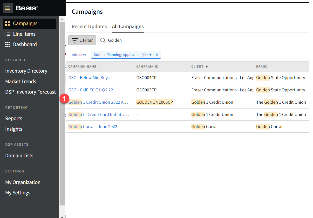 Campaigns page with sample campaigns listed.