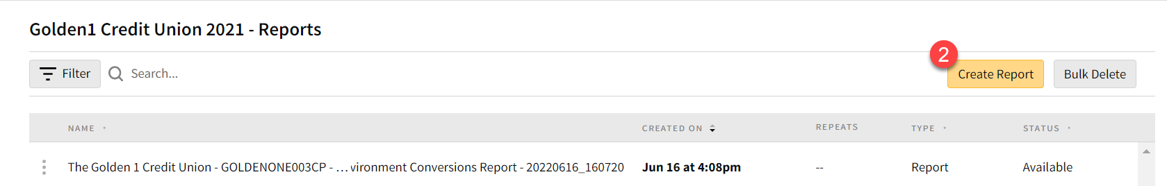 Reports page showing list of previously run reports with the Create Report button highlighted.