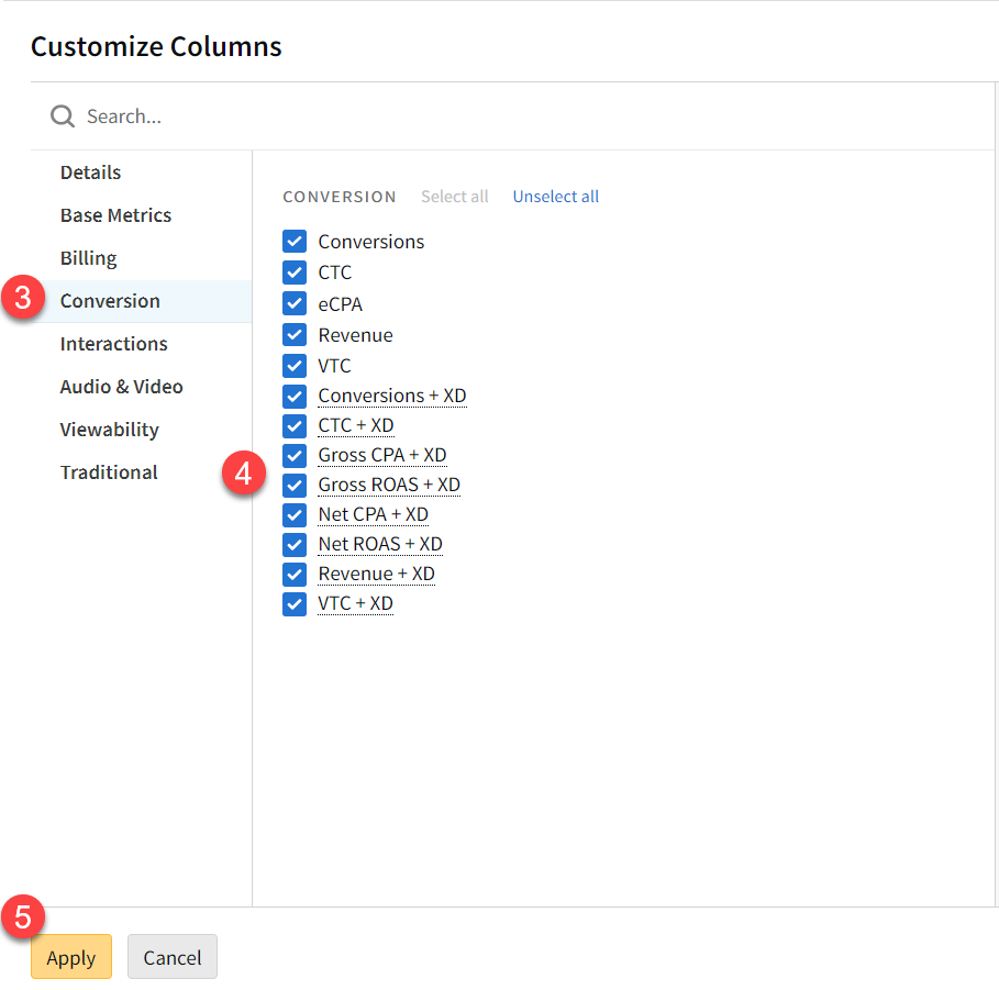Customize Columns modal showing the list of columns as described above.
