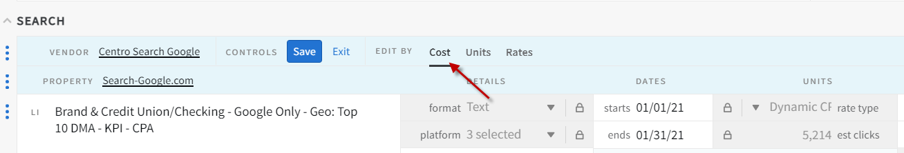 The cost tab on a campaign