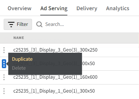 The options tab on an ad server placement containing the duplicate and delete options
