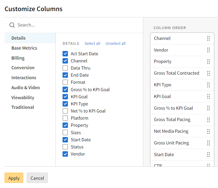 The Customize Columns modal showing some selected columns