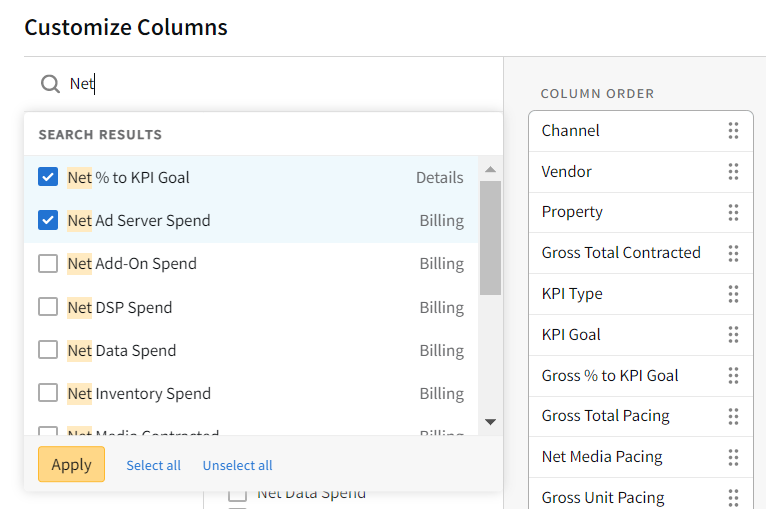 Customize column modal showing search results for "Net"