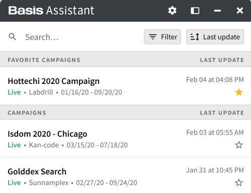 Basis Assistant modal showing favorite campaigns at the top of the list