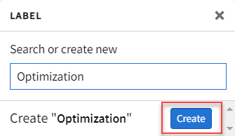 Label modal with Create button highlighted