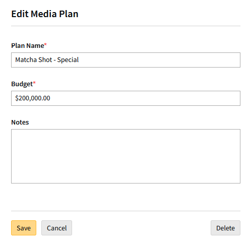 The edit media plan modal