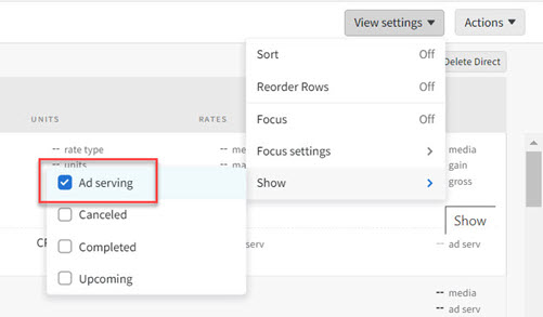 View settings menu on the media plan with Show Ad Serving highlighted