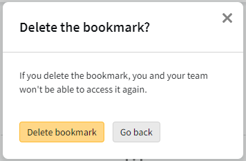 Confirmation modal warning team members will not be able to access the bookmsrk after it has been deleted.