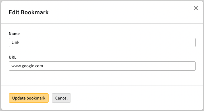 Edit bookmark modal showing the name and URL fields.