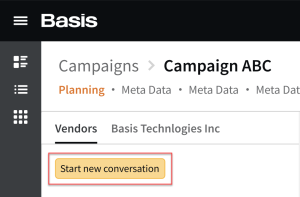 Example campaign page with the message center open, the Vendors tab selected, and the Start a new conversation button highlighted.
