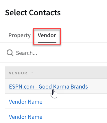 Select contacts window with the Vendor tab highlighted showing a search bar and a few example vendors.