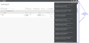 Example dashboard with the events feed open showing accepted IO revisions and approved media plans.