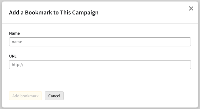 Add a bookmark modal showing the name and URL fields.