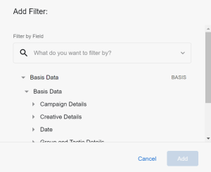 Dashboard Add Filter modal populated with Basis Data fields