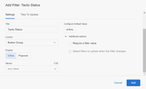 Dashboard filter configuration modal with filter setting options