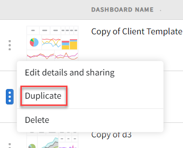Data Canvas dashboard options with Duplicate selected