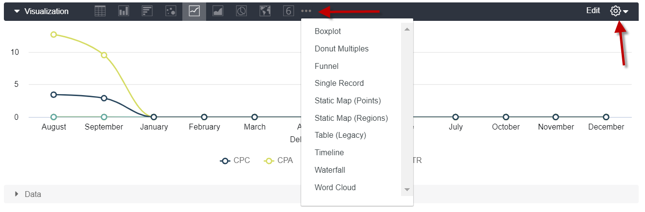 Edit visualization modal with optoins and settings highlighted