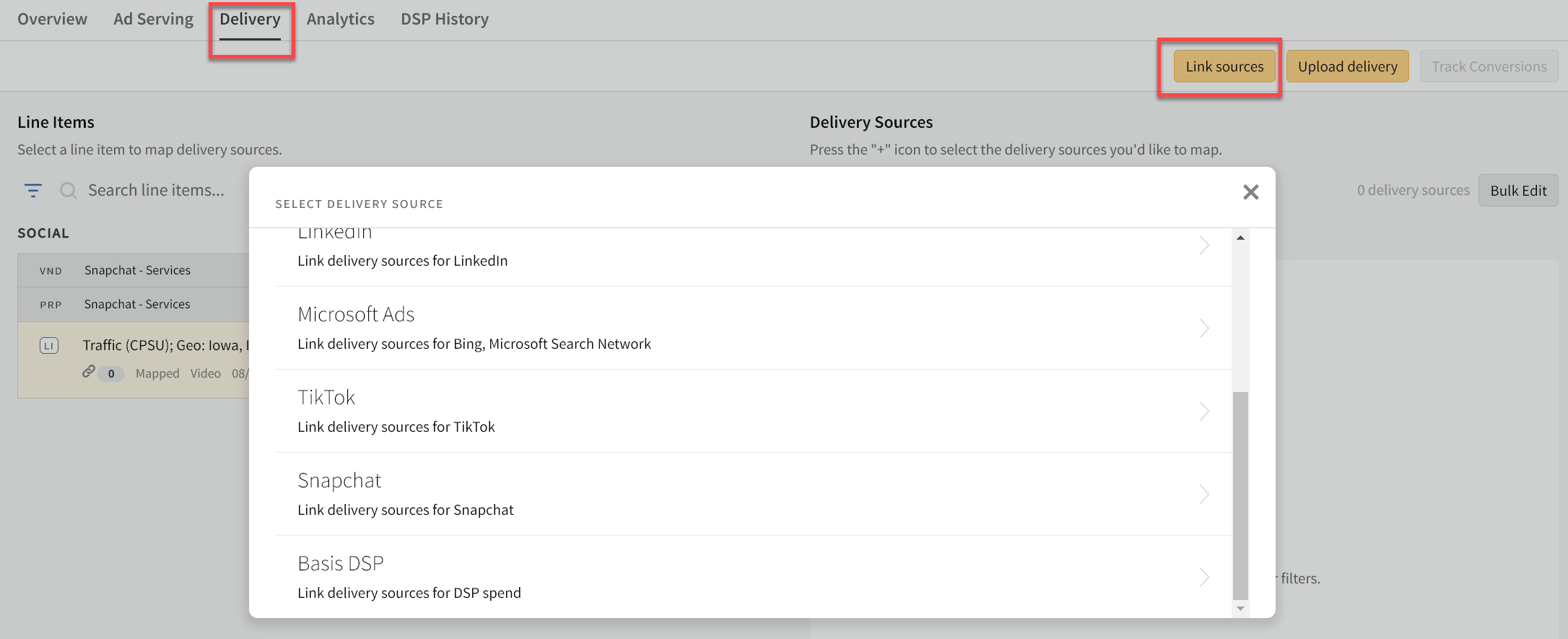 Select Delivery Source modal over the Campaign Delivery tab with the Delivery tab and Link sourcecs button highlighted.