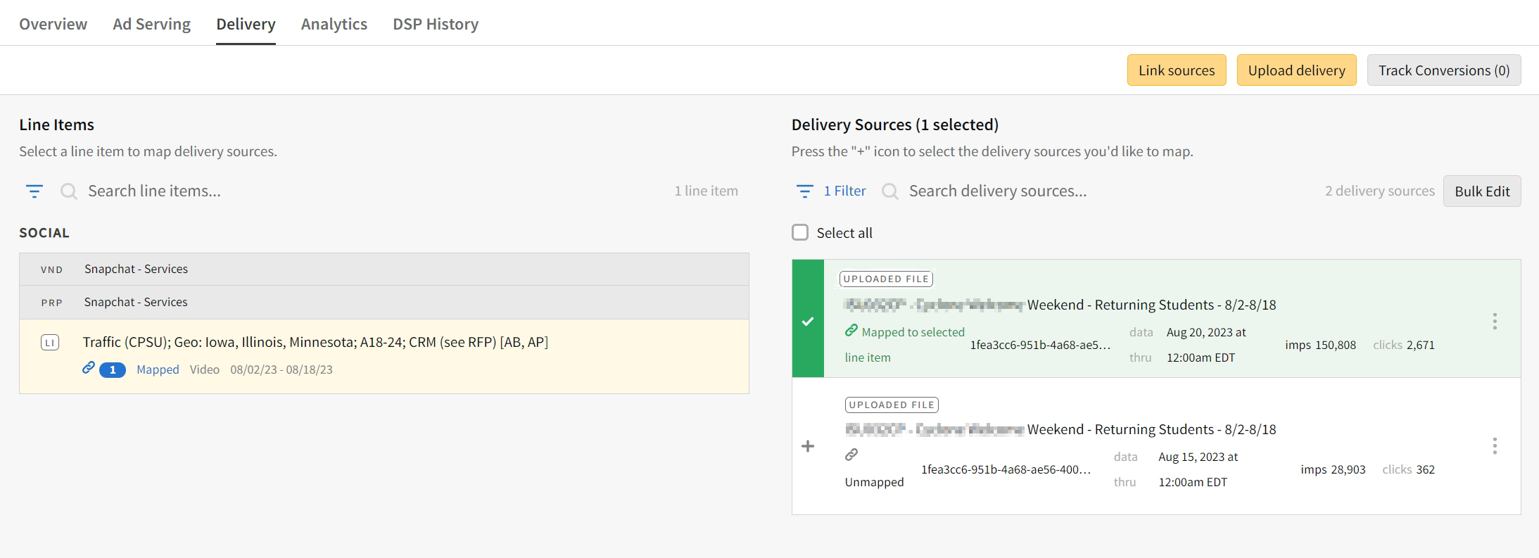 Campaign Delivery tab Delivery Sources panel with a delivery source selected.