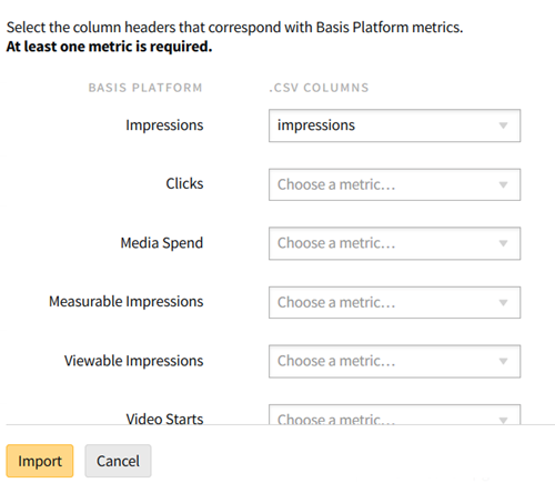 A list of metric options: Impressions, Clicks, Media Spend, Measureable Impressions, Viewable Impressions, Video Starts