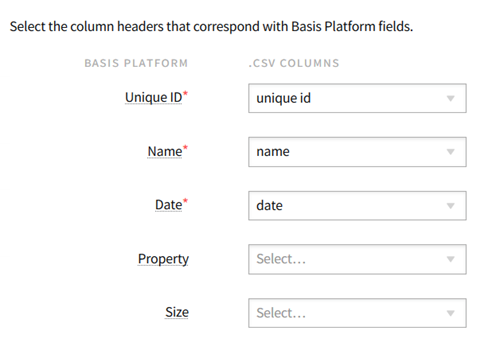A list of column header options: Unique ID, Name, Date, Property, Size