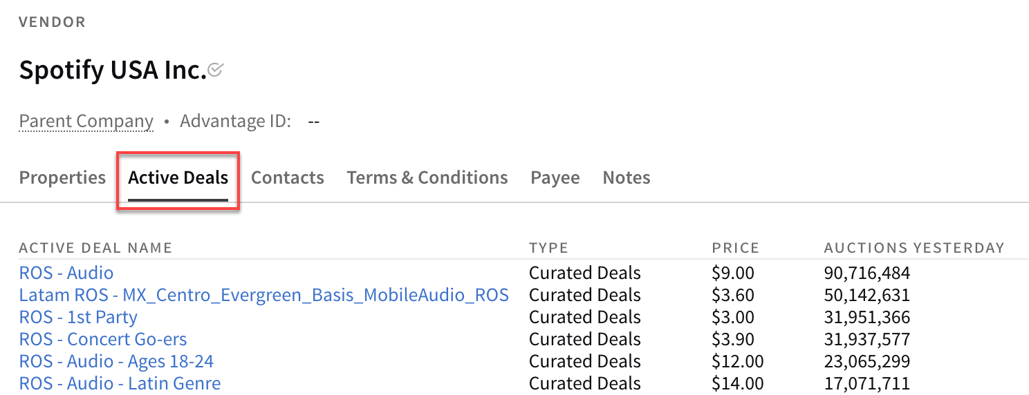 The active deals tab on a vendor page