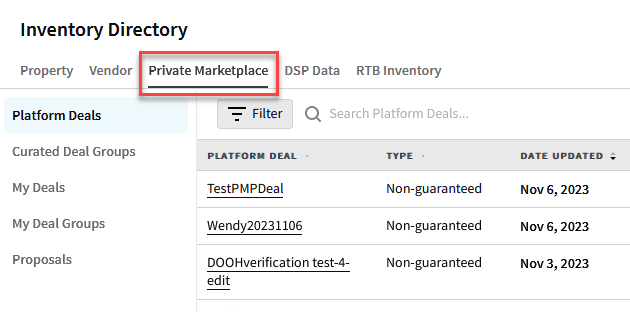 Inventory Directory modal with the Private Marketplace tab highlighted