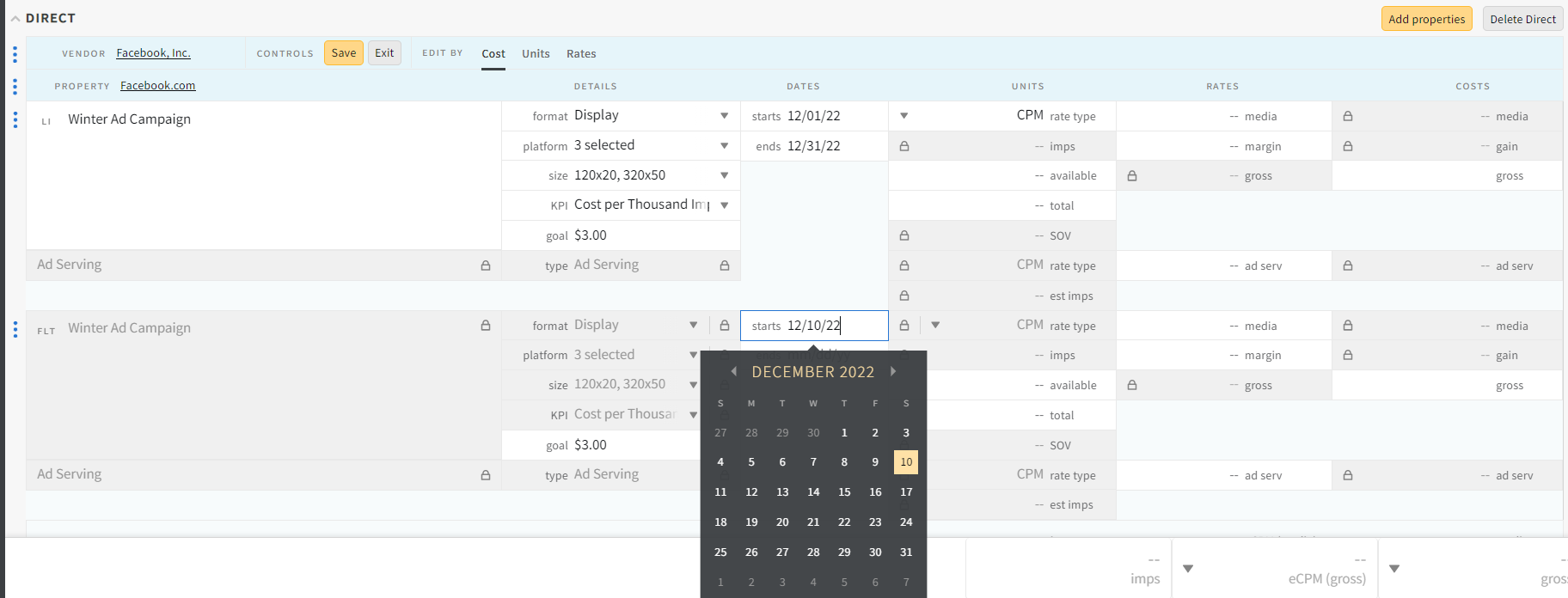 Line Item Edit Mode with the flight start field selected ahowing the date picker calendar.