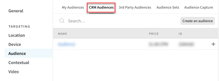 The CRM Audiences tab on an audience