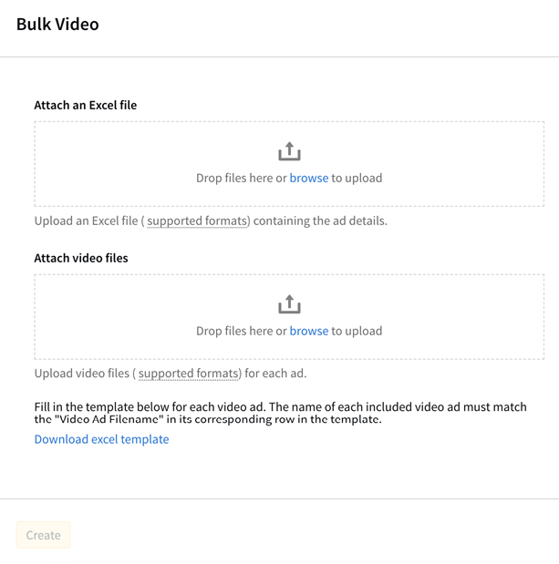 Bulk Video modal showing options to upload Excel and upload video files