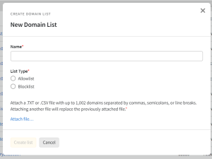 The new domain list window with the fields described above