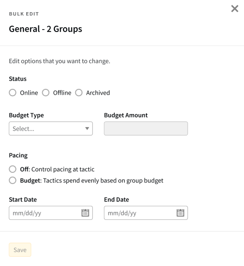 The bulk edit groups page with the fields described in the steps