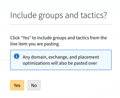 Confirmation modal for including groups and tactics in the copied line item