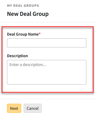 The new deal group page with the fields described above