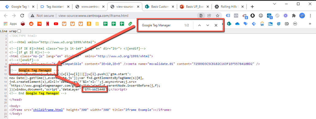 The Container ID, which can be found after searching Google Tag Manager in the page source of the parent page