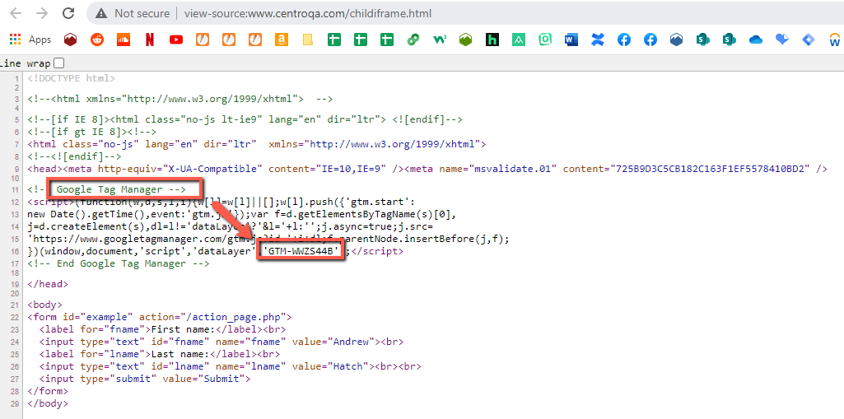 The Container ID, which can be found after searching Google Tag Manager in the page source of the child iframe