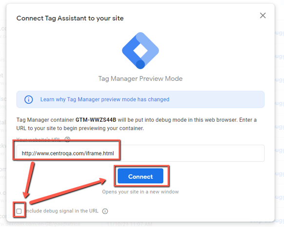 GTM's Tag Assistant. The Your Website's URL field, Include debug signal in URL option, and Connect button are highlighted with red borders