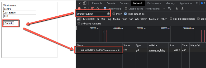 The iframe form's Submit button and Chrome's Developer tool's Network tab. The Submit button, key value, and submission event are highlighted with red borders