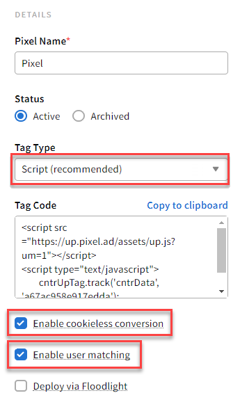 The universal pixel's Details. The Tag Type, Enable cookieless conversion, and Enable user matching options are highlighted with red borders
